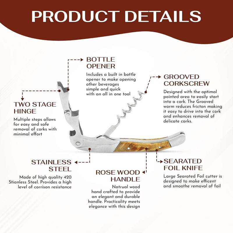 Wine Chic The Premium Professional Corkscrew Wine Opener with Elegant Wood Handle, Manual Wine Key with Foil Knife and Cap Bottle Opener for Bartenders, Waiters and Sommeliers - Image 2